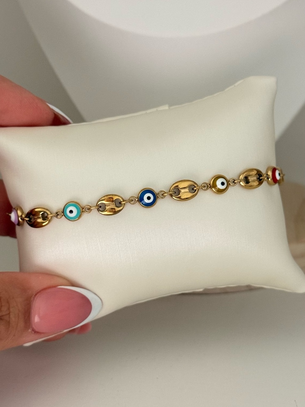 Gold Link Bracelet with Multicolor Evil Eye Accents